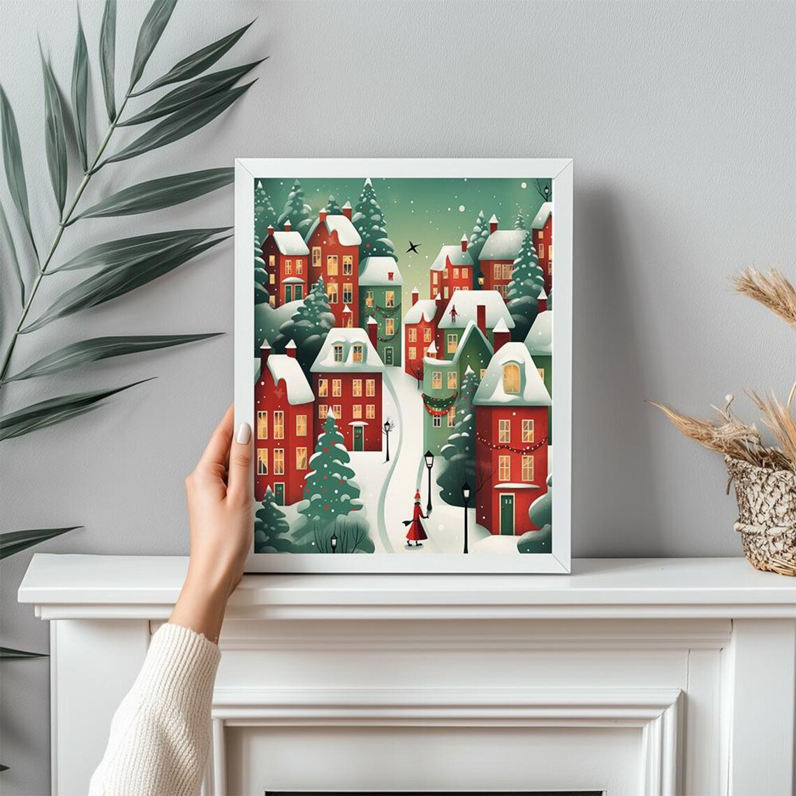 Minimalist Snowy Christmas Village Red Houses Pine Trees Art Print - Image 2