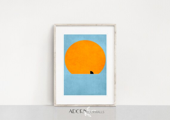 Giant Orange Sun Tiny Shark Fin Minimalist Ocean Sea Art Poster