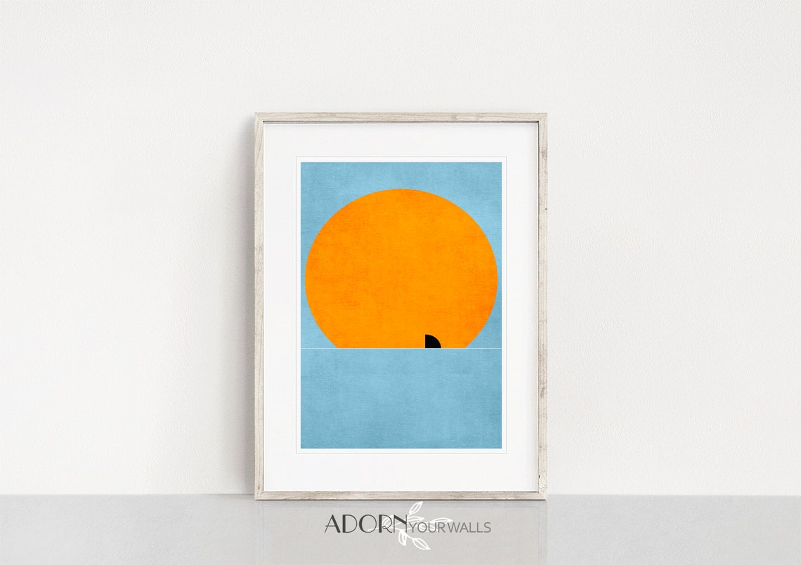 Giant Orange Sun Tiny Shark Fin Minimalist Ocean Sea Art Poster