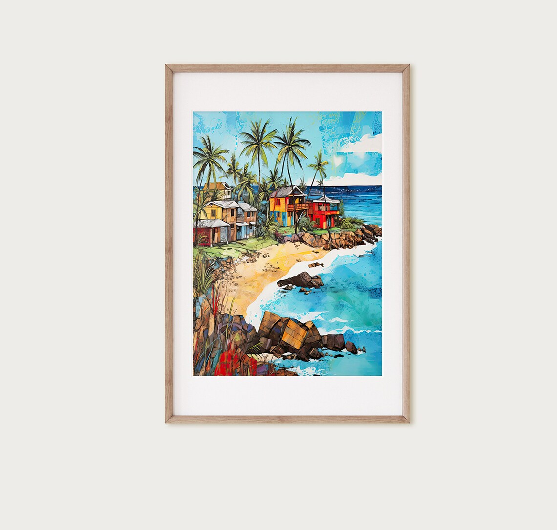 Colorful Beach Houses Rocky Cove Ink Watercolor Coastal Poster