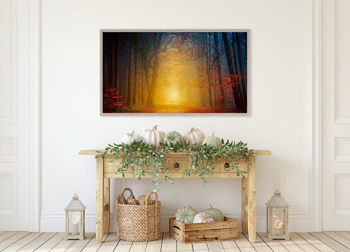 Mystical Forest Path Golden Light Dark Blue Woods Frame TV Wall Art