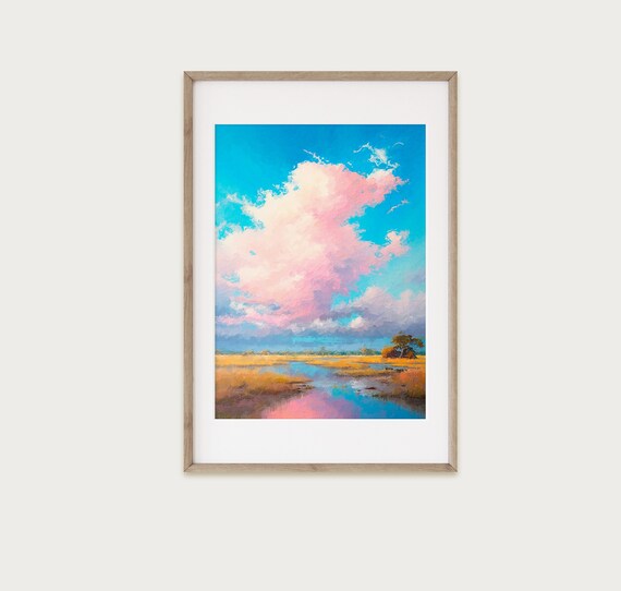 Coastal Marsh Pink Clouds Golden Sunset Wetlands Oil Painting Poster