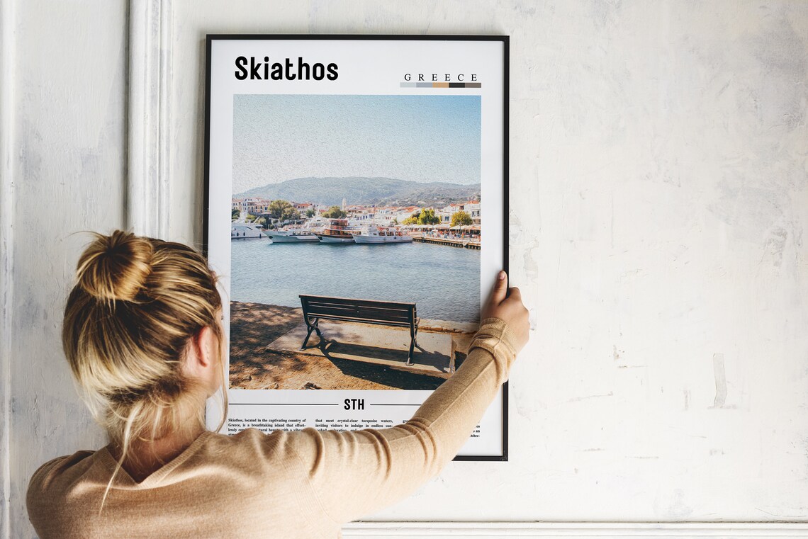 Skiathos Greece Harbor Bench Waterfront Boats Seaside Travel Poster - Image 2