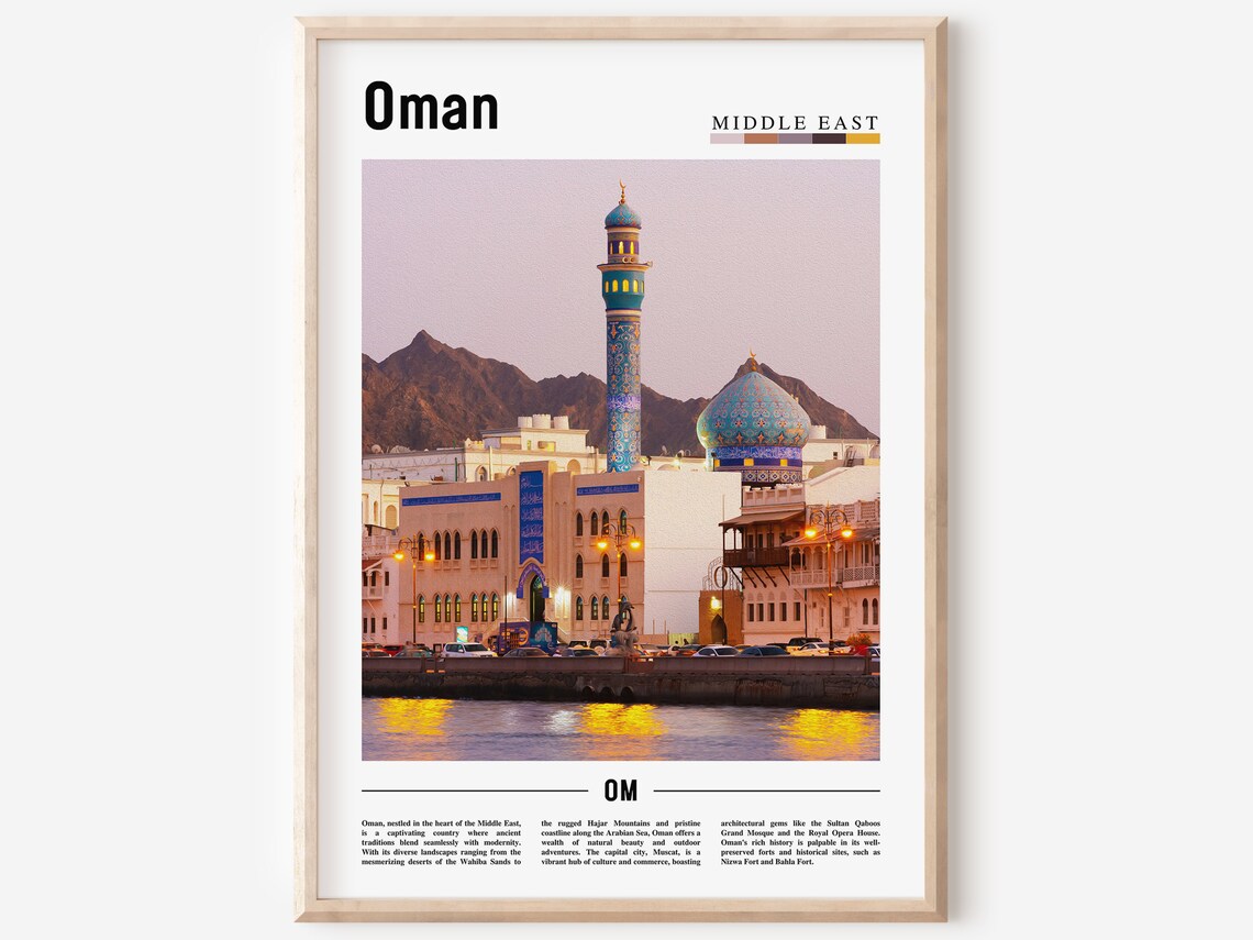 Oman Middle East Mosque Muscat Sunset Minimalist Travel Poster