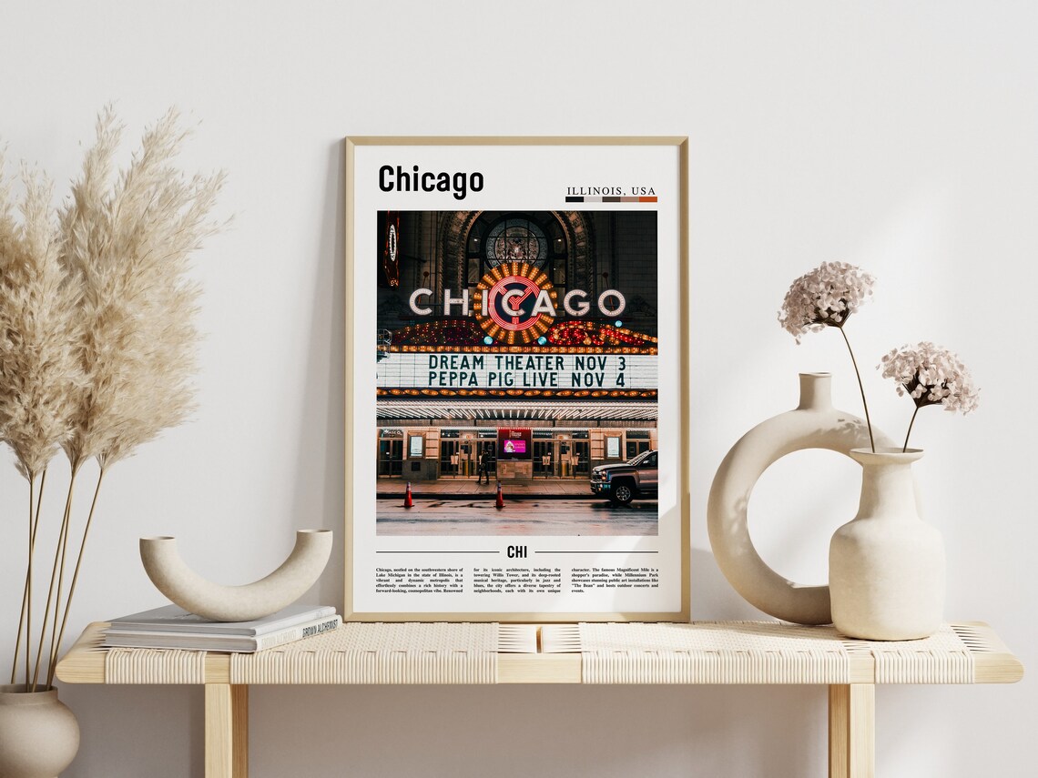 Chicago Theatre Night Marquee Glowing Lights City Travel Poster - Image 3