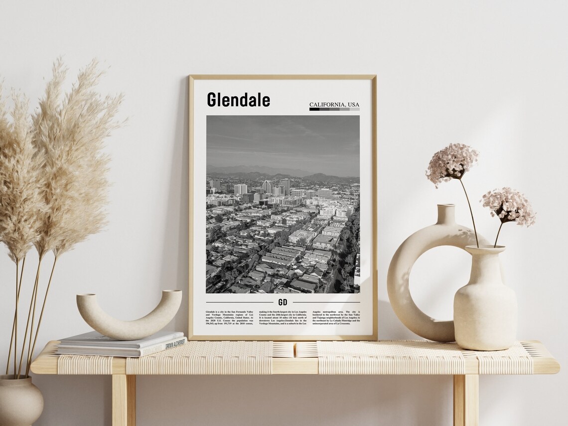 Glendale California Black And White Aerial City Travel Poster - Image 3