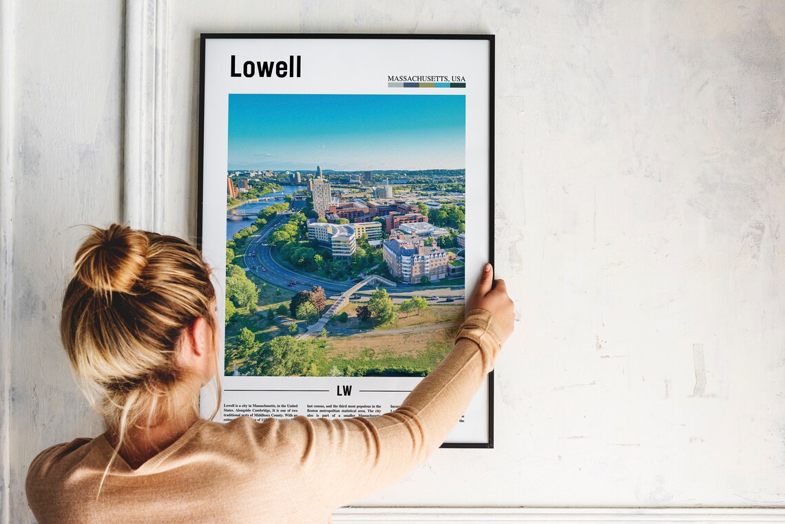 Lowell Massachusetts Travel Poster Aerial View of Downtown and River - Image 2