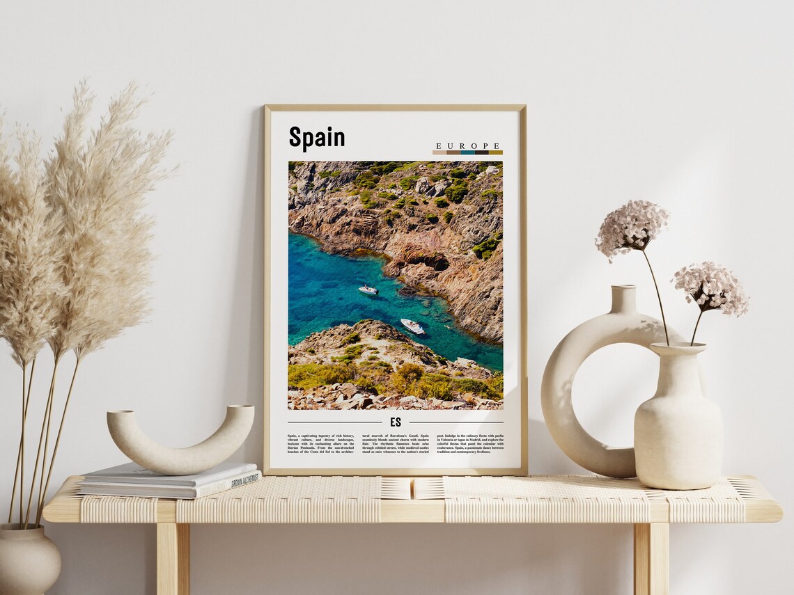 Spain Europe Rocky Turquoise Cove Boats Minimalist Travel Poster - Image 3