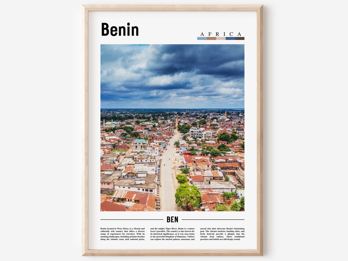 Benin West Africa City Aerial Panorama Red Roofs Travel Poster