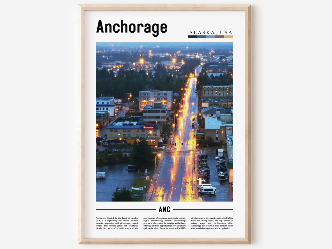 Anchorage Alaska Night City Lights Rainy Street Downtown Travel Poster