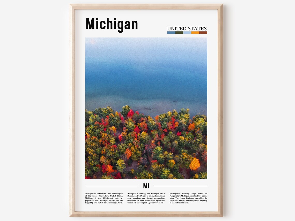 Michigan Fall Foliage Aerial Lake Shoreline Photography Travel Poster