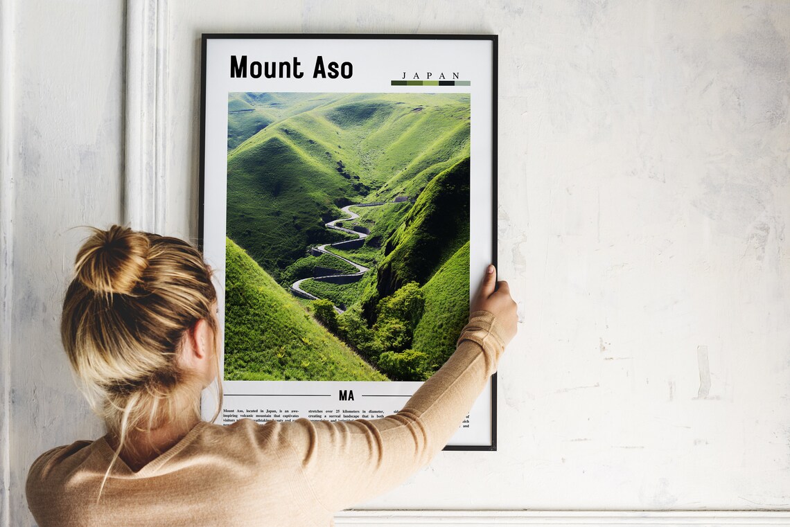 Mount Aso Japan Winding Road Green Hills Nature Travel Poster - Image 2
