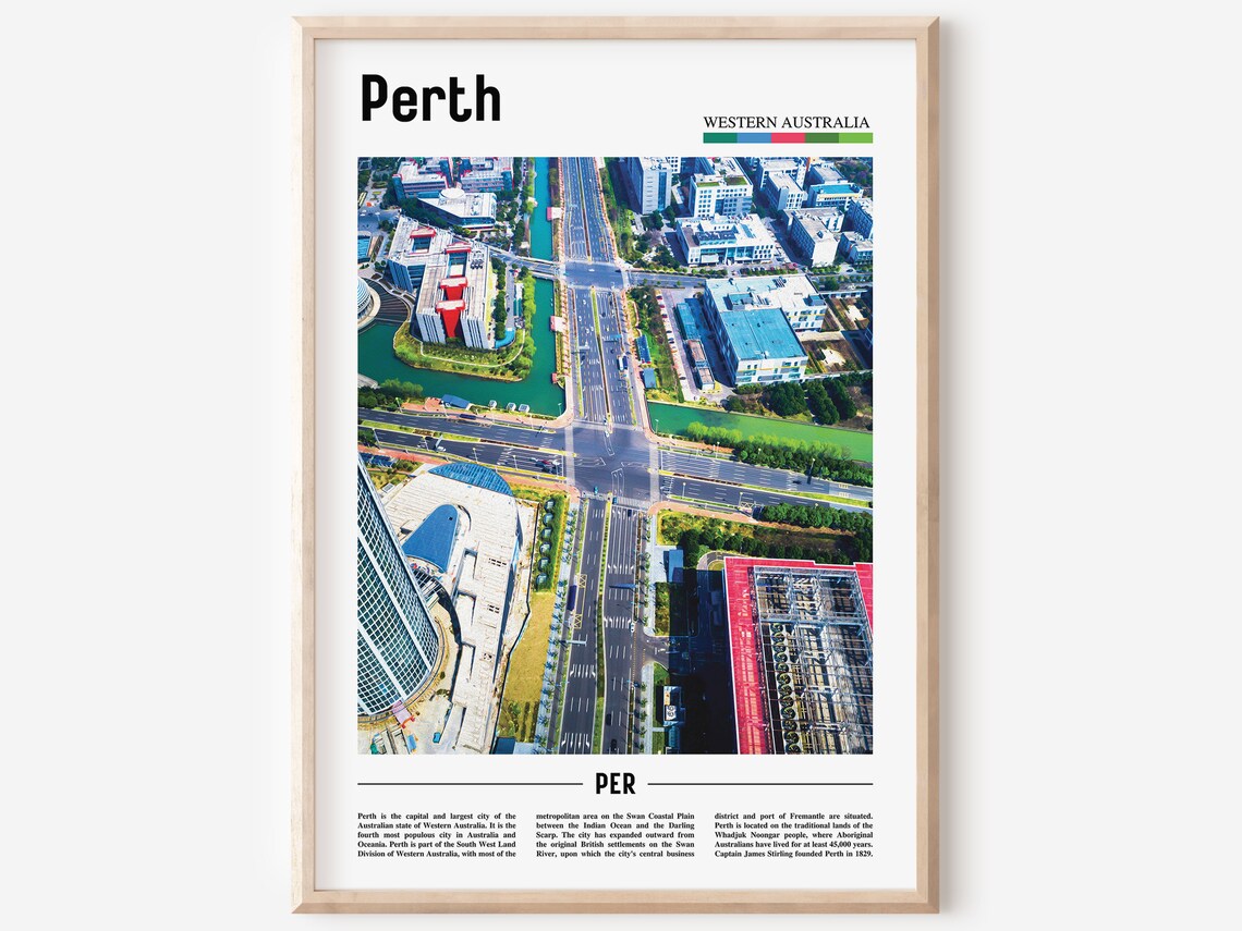 Perth Western Australia Aerial City View Travel Poster Urban Skyline