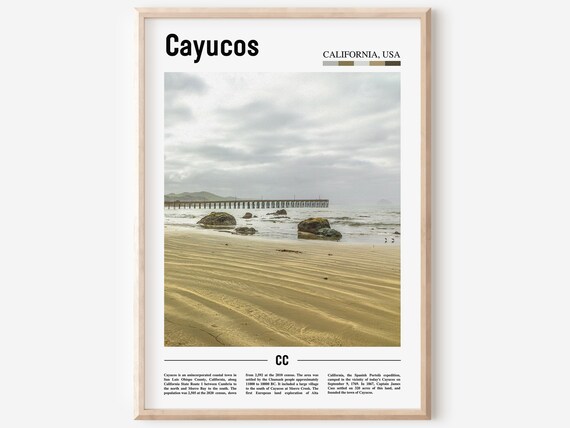 Cayucos California Pier Rocky Beach Cloudy Shore Travel Poster