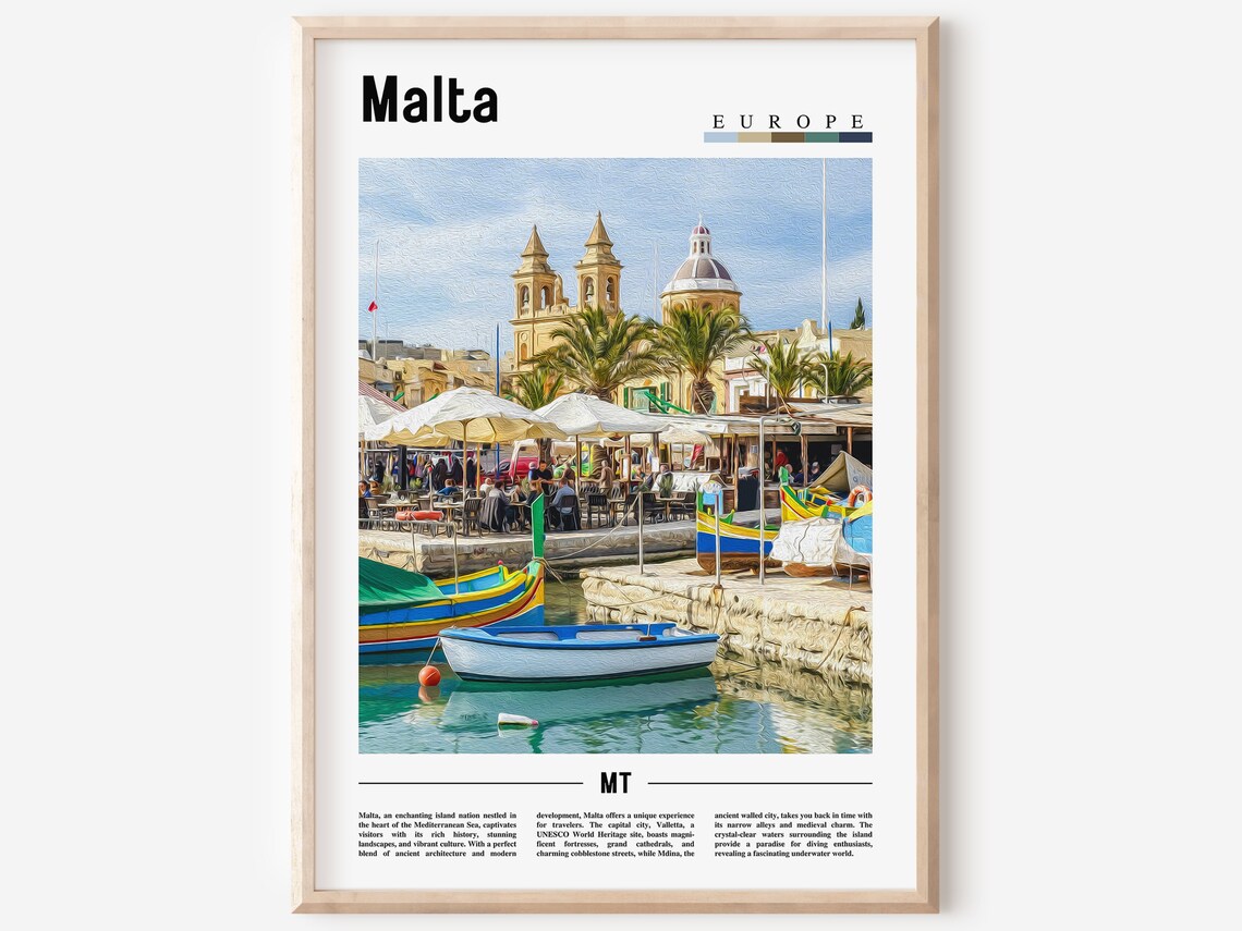 Malta Europe Colorful Fishing Boats Harbor Sunny Travel Poster