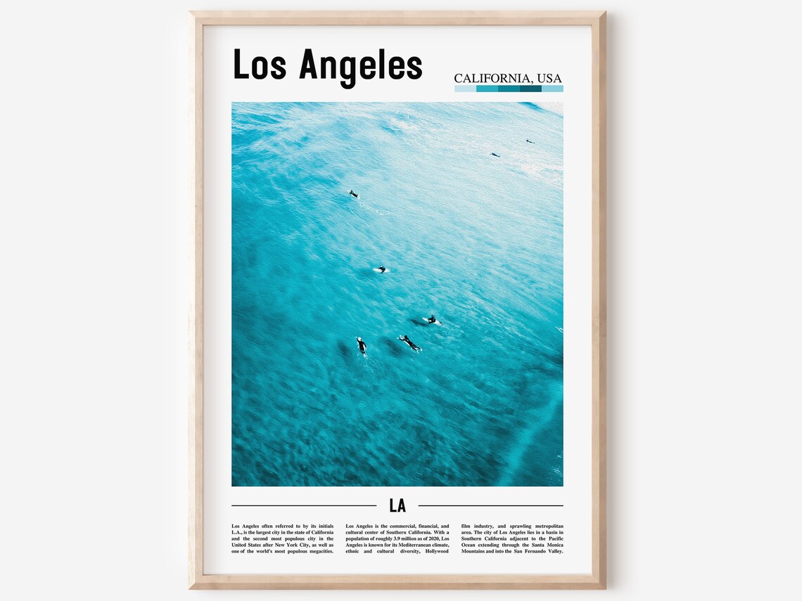 Los Angeles Aerial Surfers Turquoise Ocean Beach Culture Travel Poster