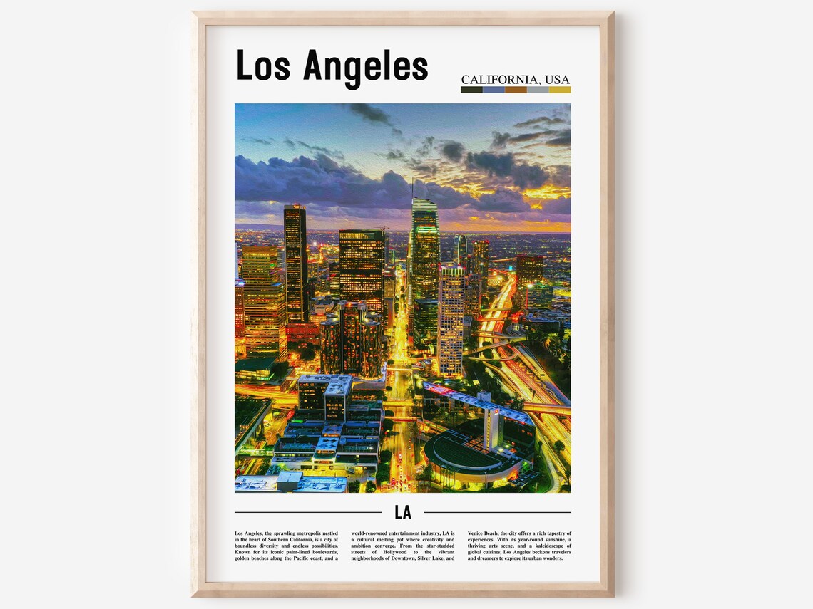 Los Angeles California USA Downtown Night Skyline Travel Poster