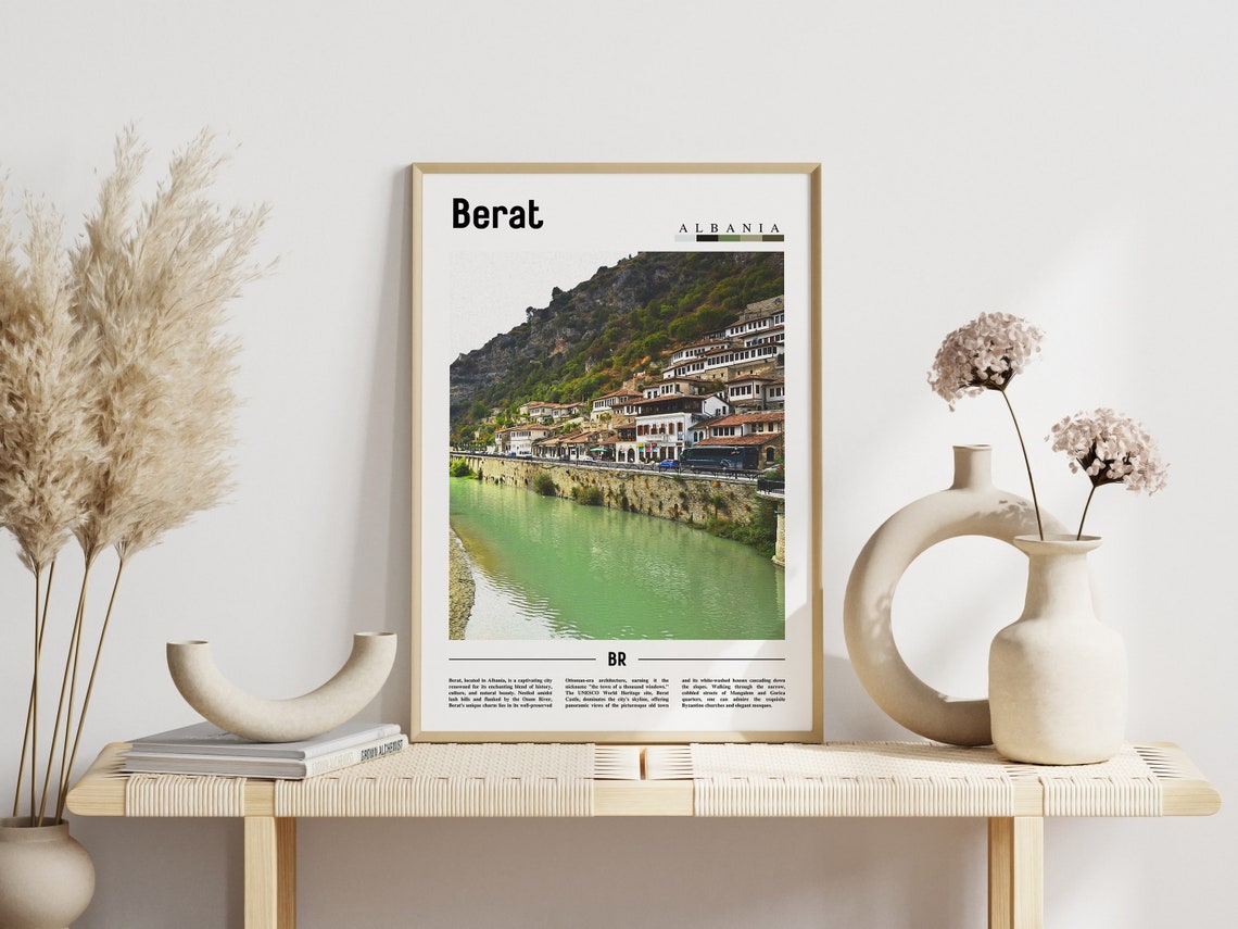 Berat Albania Riverside Ottoman Houses Mountain View Travel Poster - Image 3