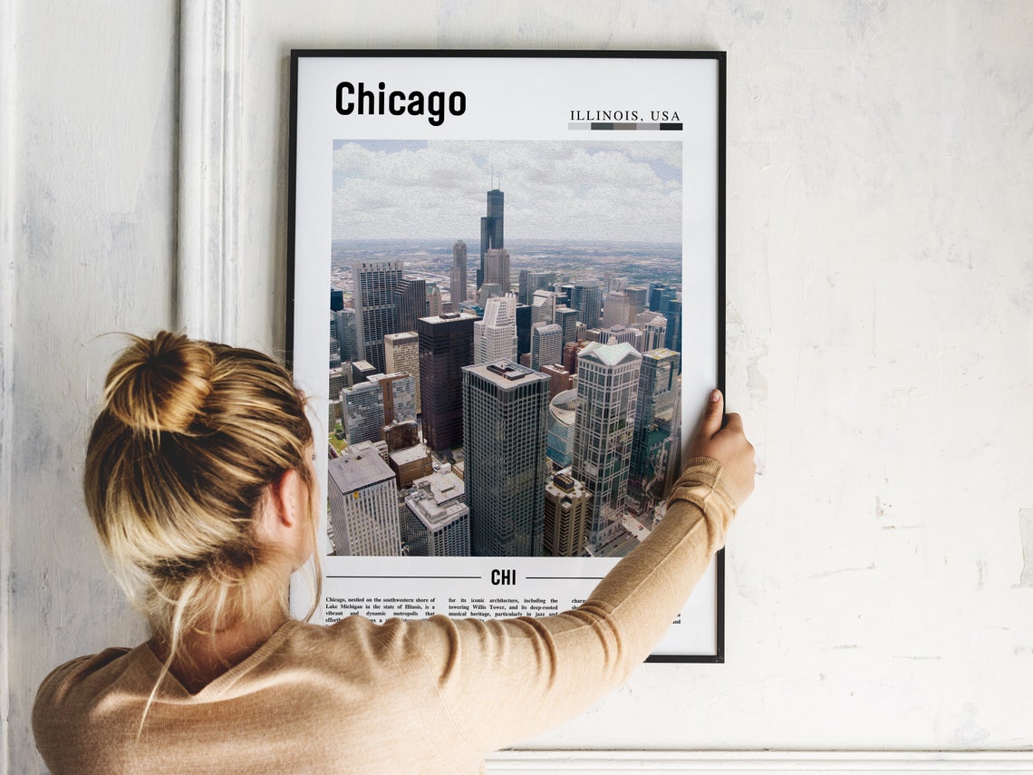 Chicago Willis Tower Aerial Poster Downtown Skyline Black White View - Image 2