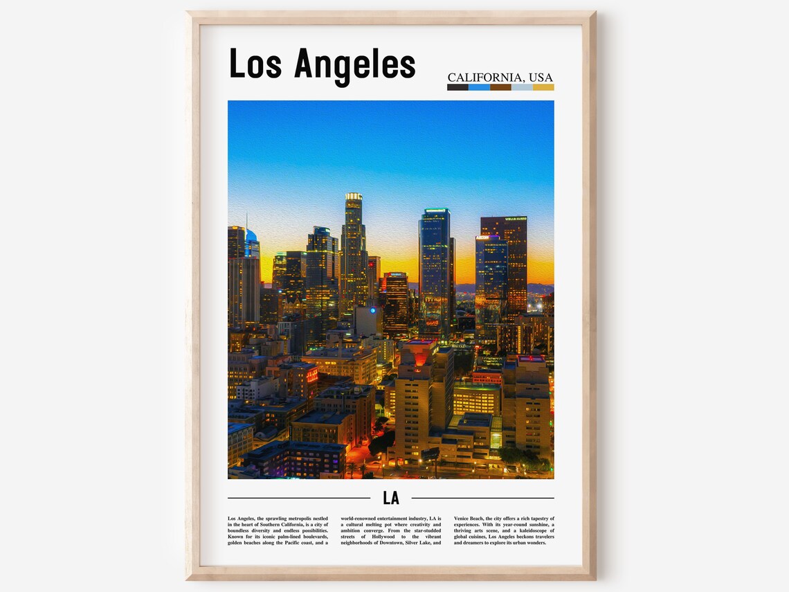 Los Angeles California Downtown Skyline Night Lights Travel Poster