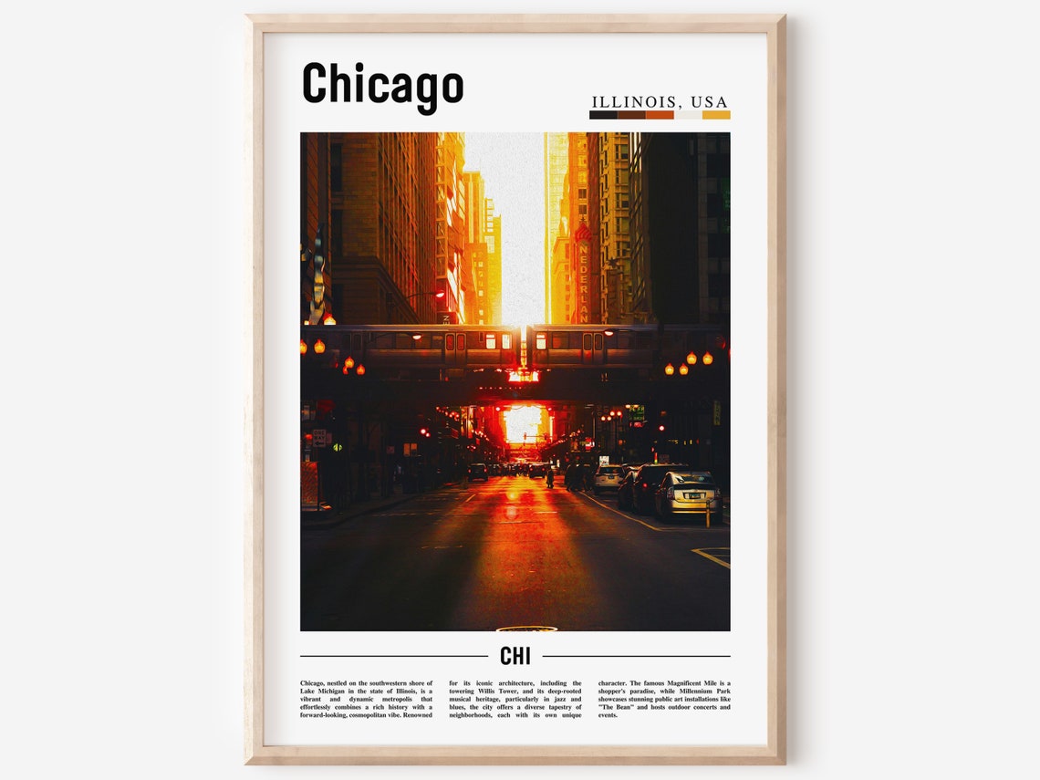 Chicago Loop L Train Sunset Street Photography Poster Wall Decor