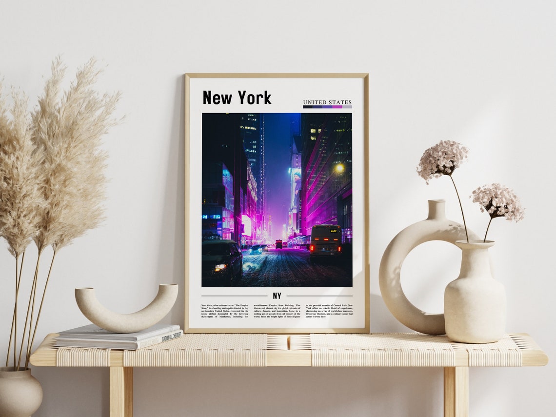 New York Neon Lit Rainy Street Night City Lights Urban Poster - Image 3