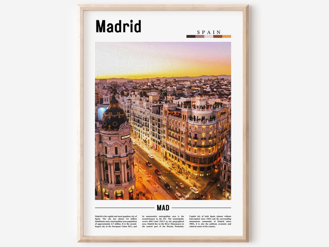Madrid Spain Sunset Cityscape Metropolis Building Travel Poster