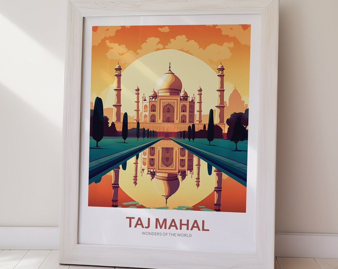 Taj Mahal India Reflection Pool Sunset Wonders Travel Poster - Image 2