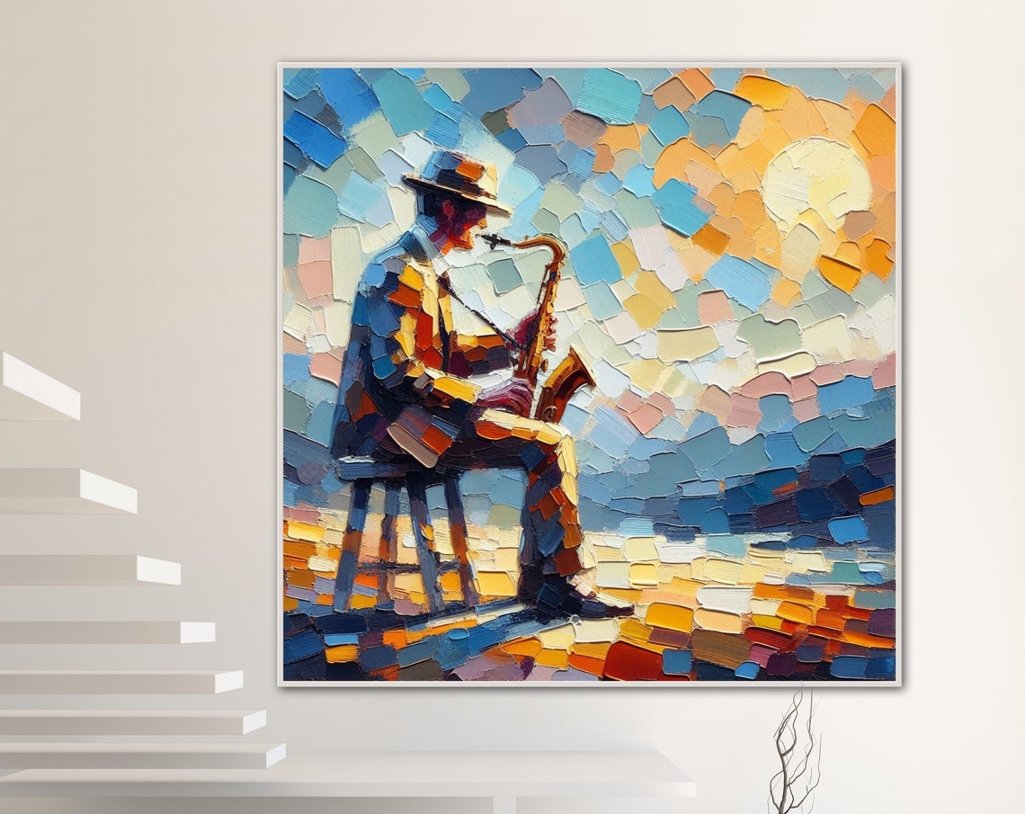 Saxophonist Playing Jazz at Sunset Impasto Mosaic Style Poster