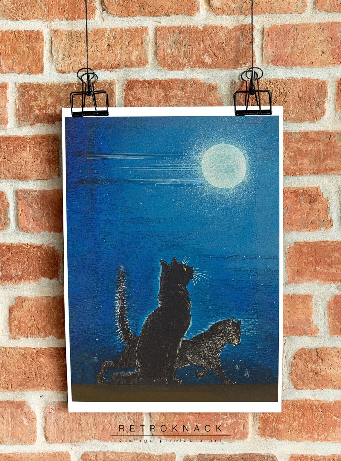 Black Cats Moonlight Full Moon Night Blue Sky Feline Art Poster - Image 2