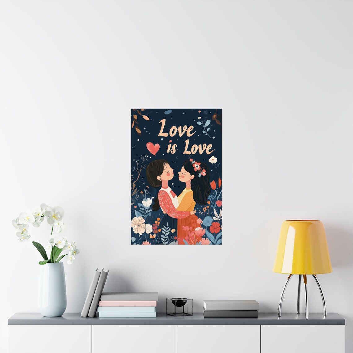 Love Is Love Lesbian Couple Floral Starry Night Embrace Poster - Image 2