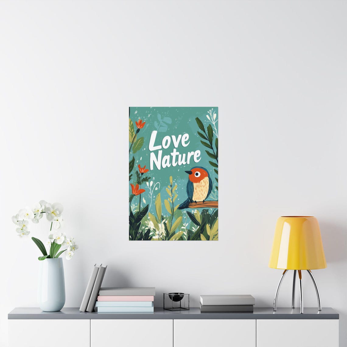 Love Nature Songbird Floral Botanical Teal Illustration Poster - Image 2