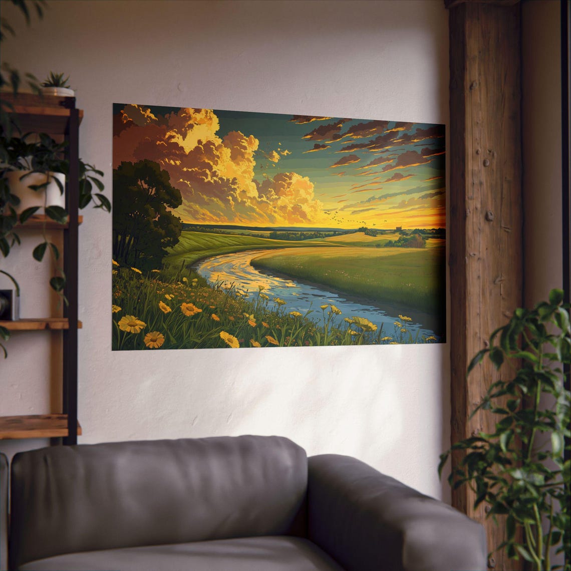 Golden River Sunset Wildflower Meadow Peaceful Landscape Poster - Image 2