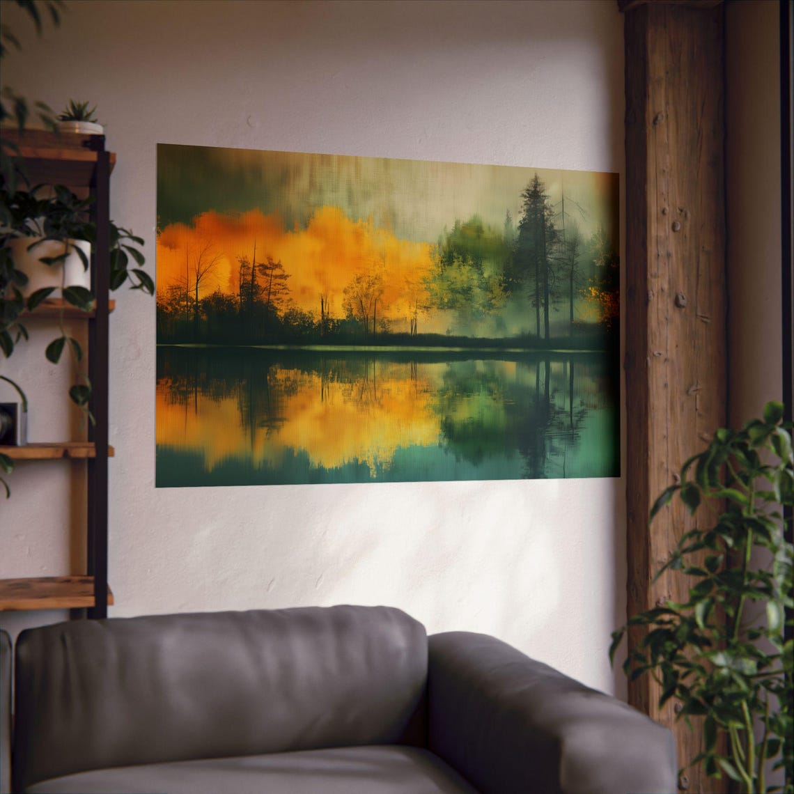 Misty Golden Lake Autumn Reflection Serene Nature Art Poster - Image 2