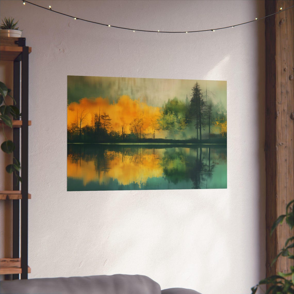 Misty Golden Lake Autumn Reflection Serene Nature Art Poster - Image 3