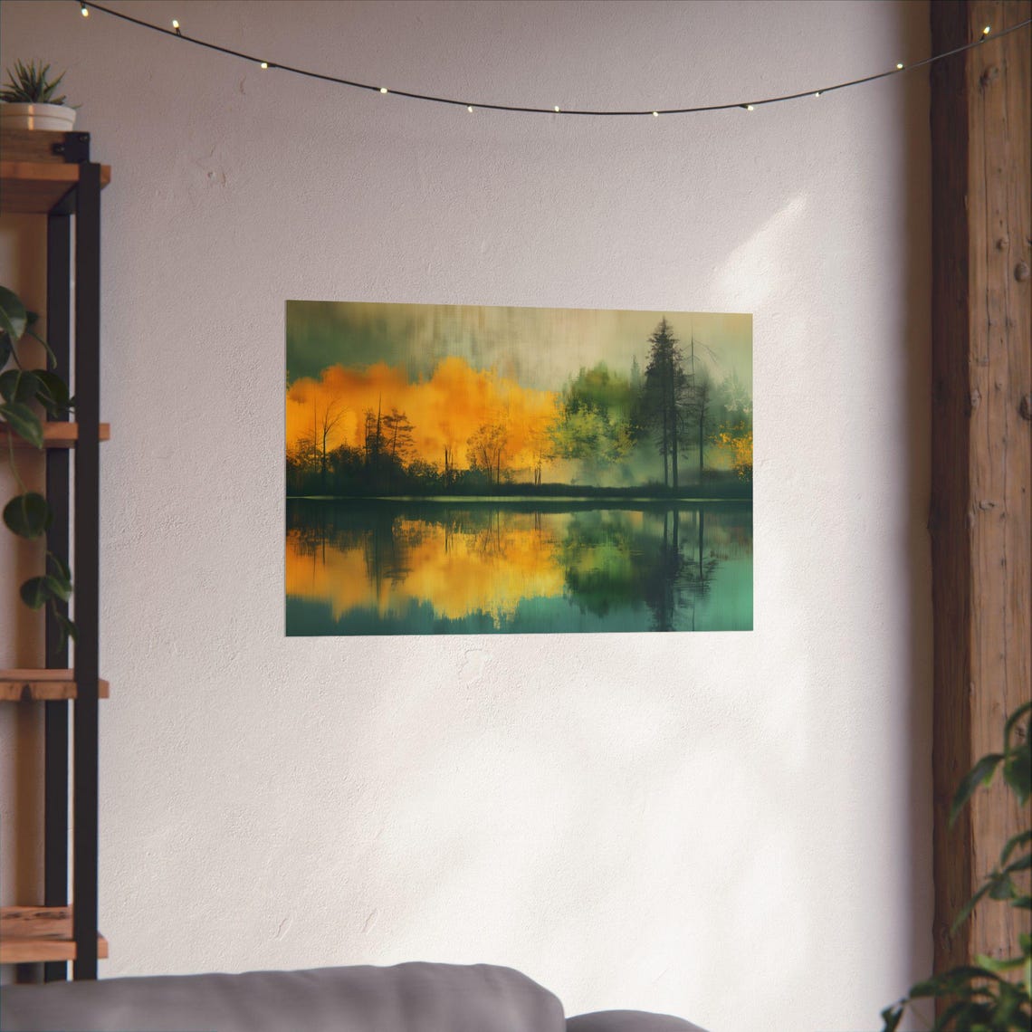 Misty Golden Lake Autumn Reflection Serene Nature Art Poster - Image 4