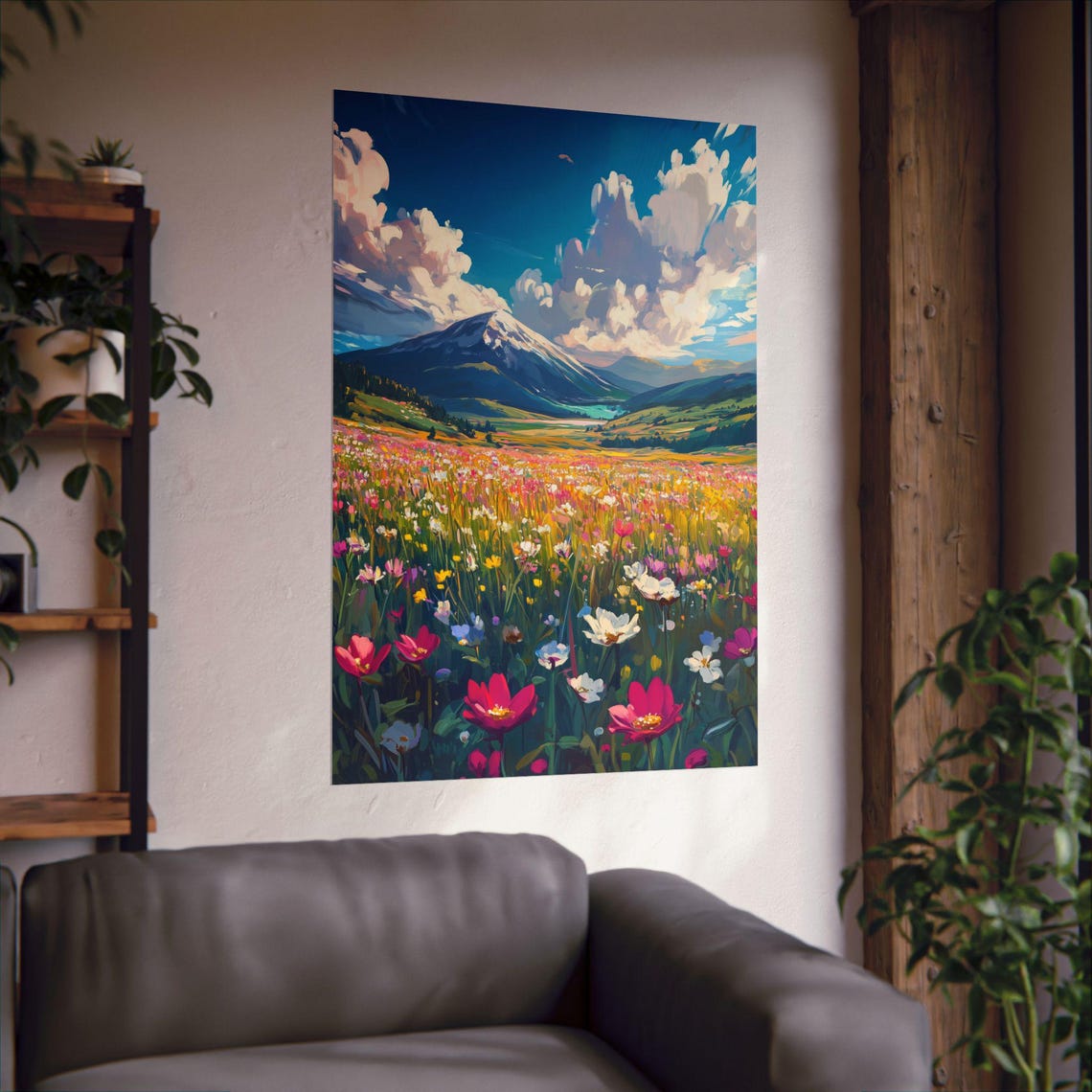 Wildflower Meadow to Snowy Mountain Summer Cloudscape Painting Print - Image 3