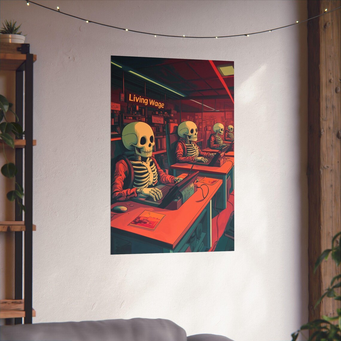 Living Wage Skeleton Office Workers Dark Humor Overwork Satire Art Poster - Image 4