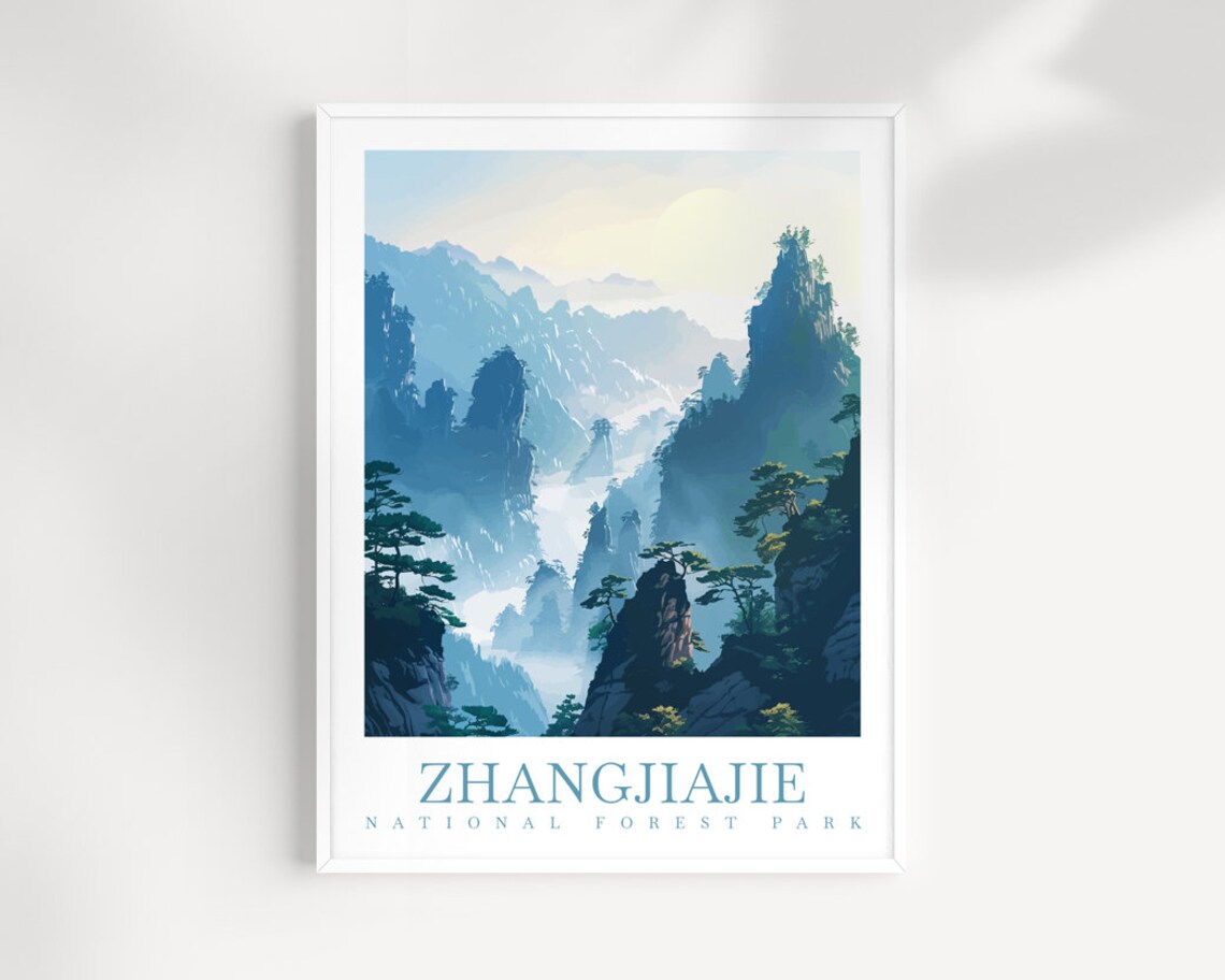 Zhangjiajie National Forest Park Misty Blue Peaks Vintage Poster