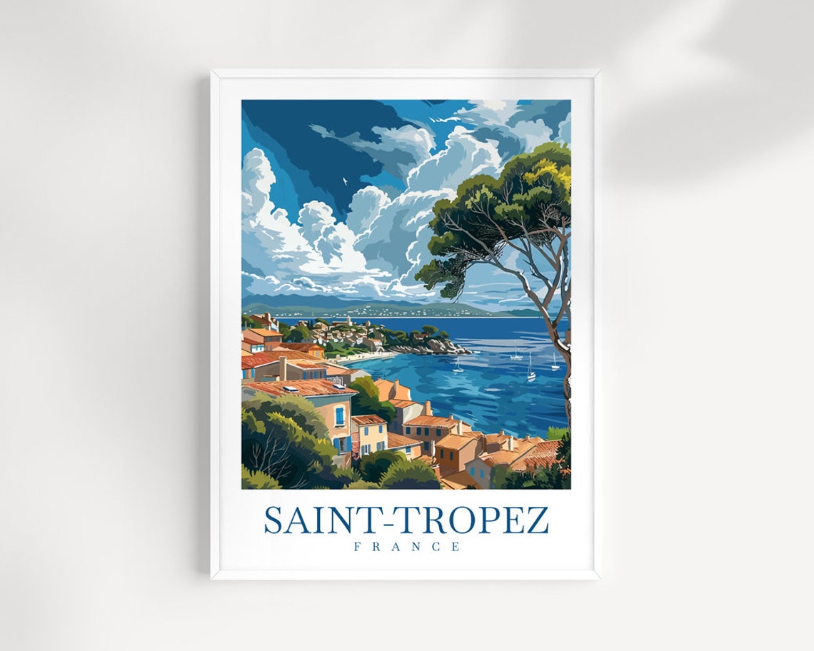 Saint-Tropez France Coastal Town Blue Bay Pine Tree View Poster