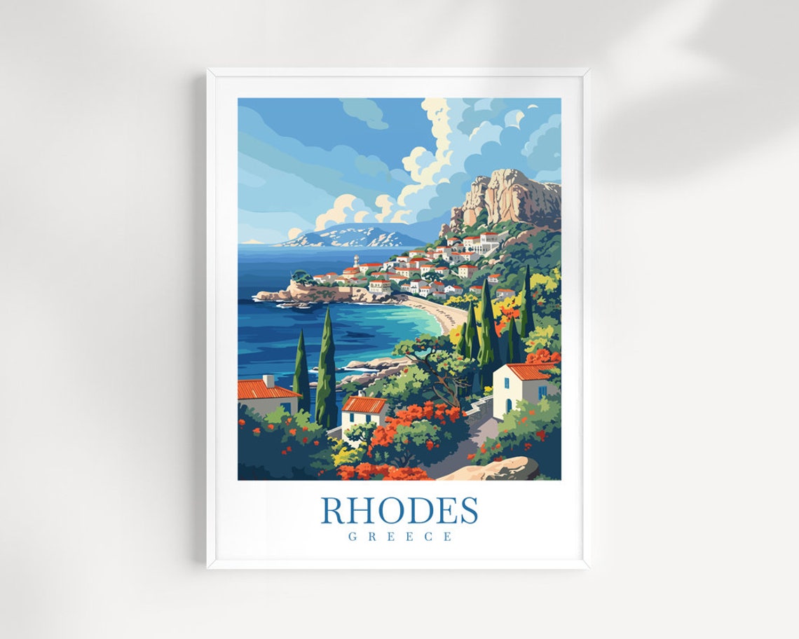 Rhodes Greece Coastal Village Cliffs Cypress Blue Sea Art Poster