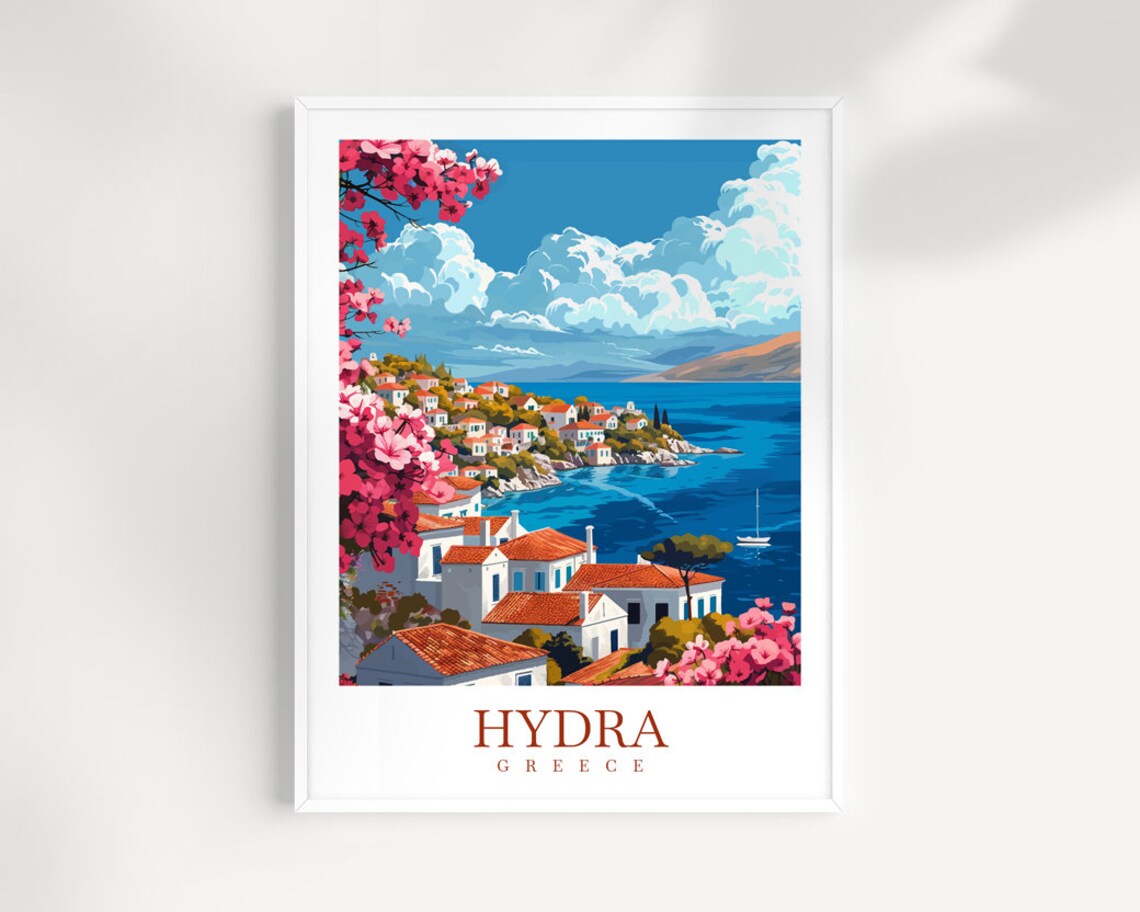 Hydra Greece Island Harbor Bougainvillea Blue Sea Travel Poster