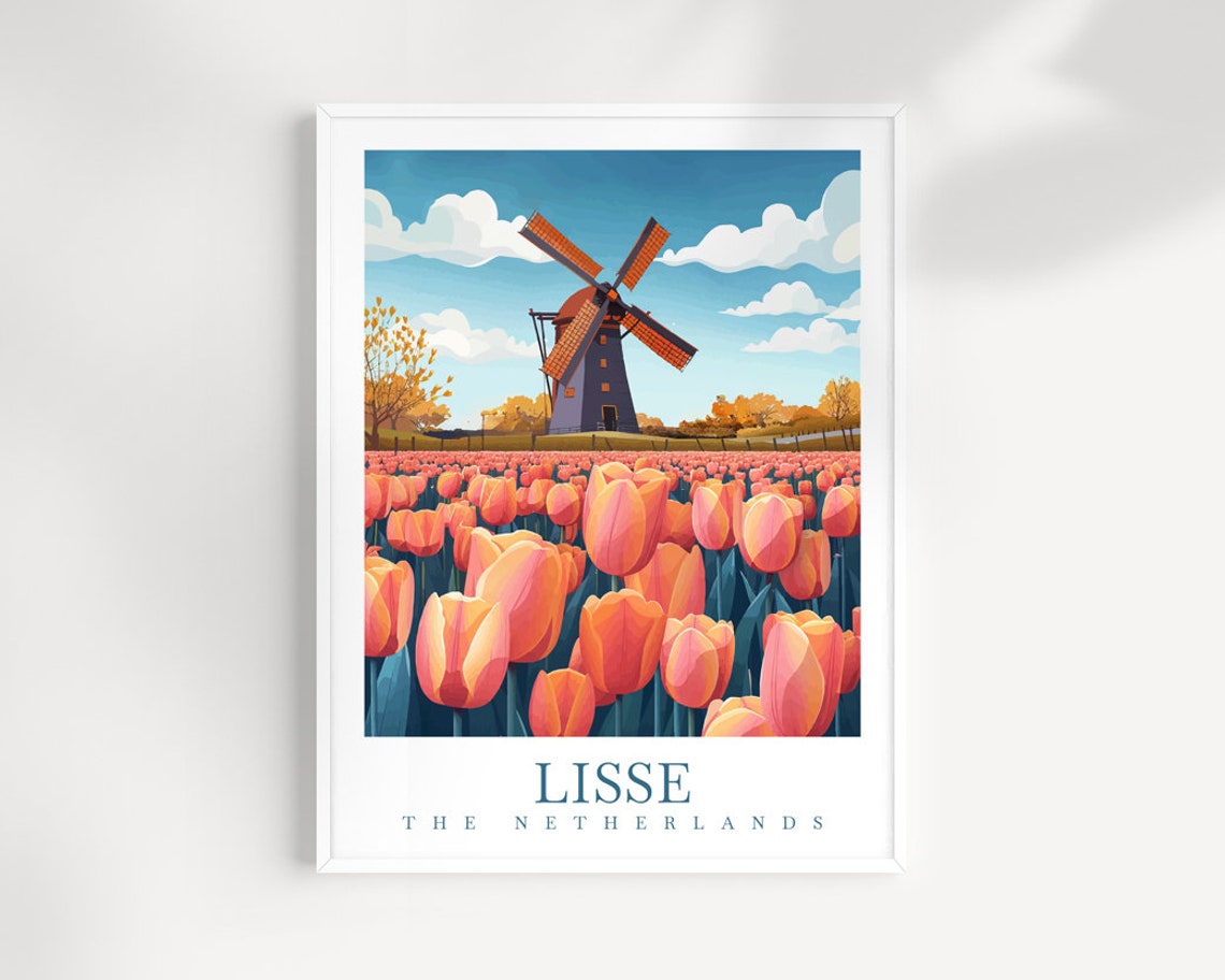 Lisse Netherlands Colorful Tulip Fields Windmill Scene Poster