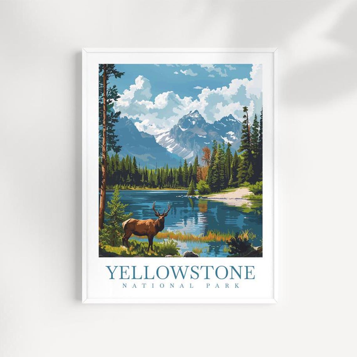 Yellowstone National Park Bull Elk Lake Mountain View Poster