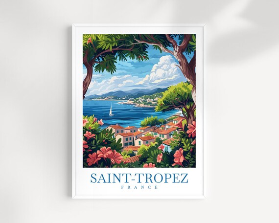 Saint-Tropez France Blue Bay View Flowers Sailboat Art Poster