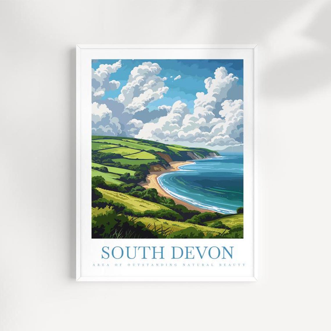 South Devon England Coastal Poster With Rolling Hills And Beach