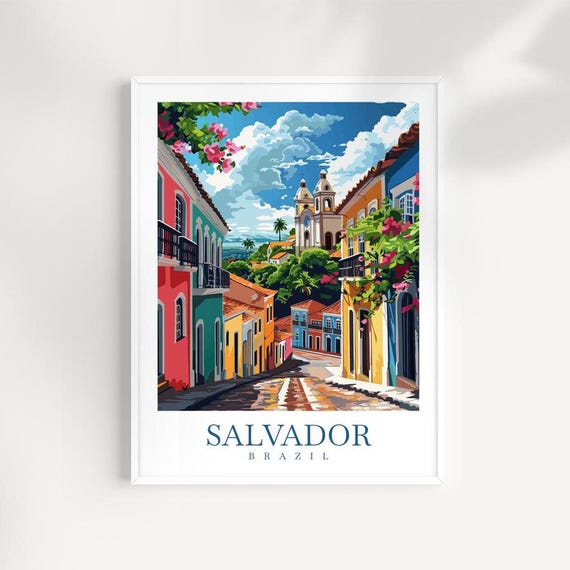 Salvador Brazil Cobblestone Lane Bougainvillea Church View Poster