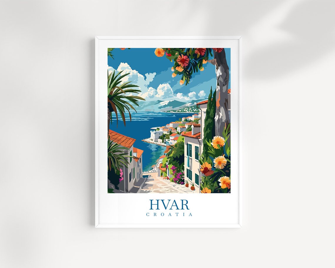 Hvar Croatia Flower Lined Street Sea View Old Town Art Poster