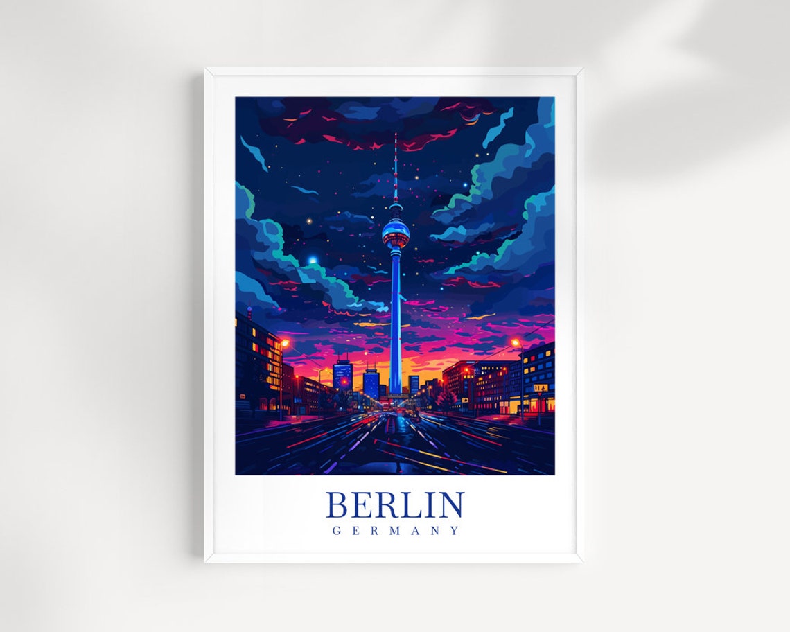 Berlin Germany Neon Night TV Tower Sunset Art Travel Poster Gift