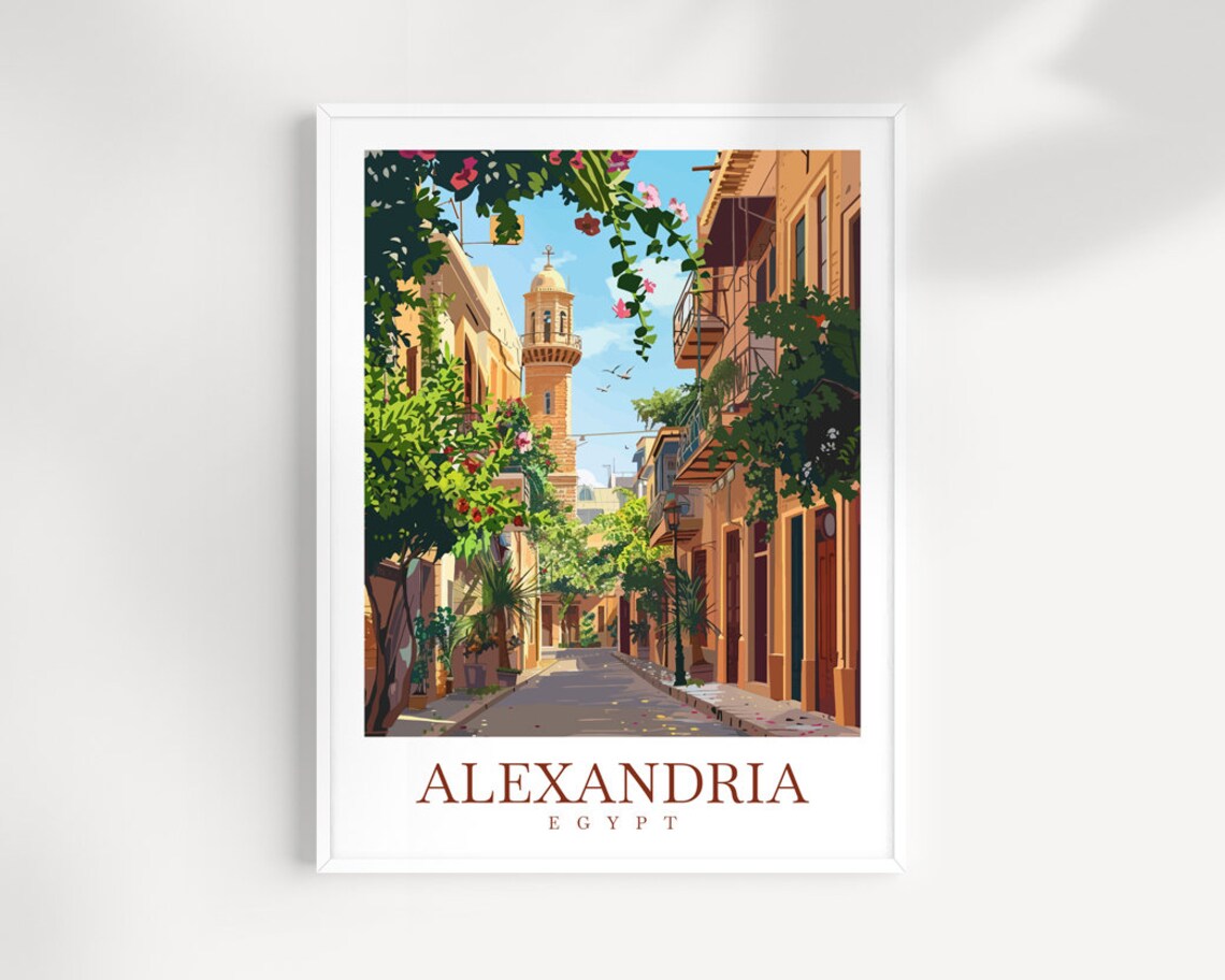 Alexandria Egypt Minaret Lined Flower Street Vintage Travel Poster